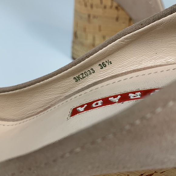 Prada Velvet Suede Wedge Peep Toe Cork Espadrille Blush sz 36.5 - Picture 7 of 7